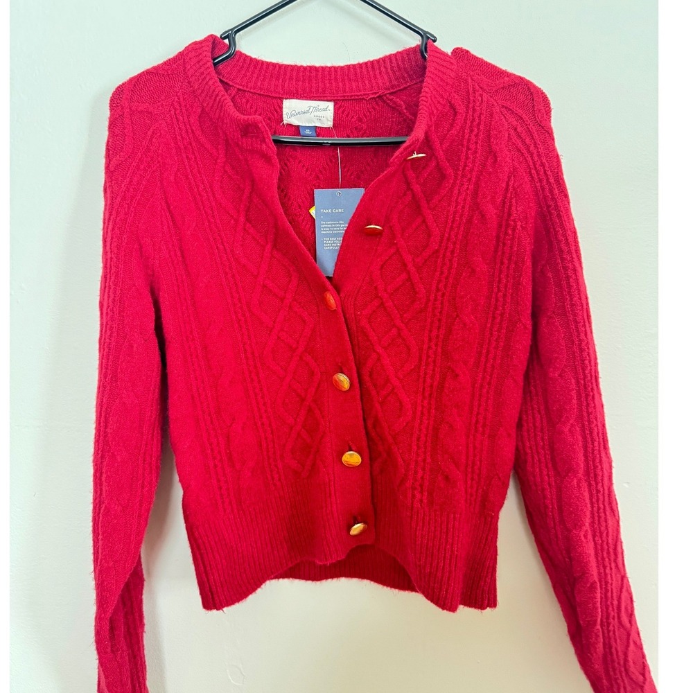 Universal Thread Womens Red Cable Knit Button Front Cardigan Sweater XS NEW